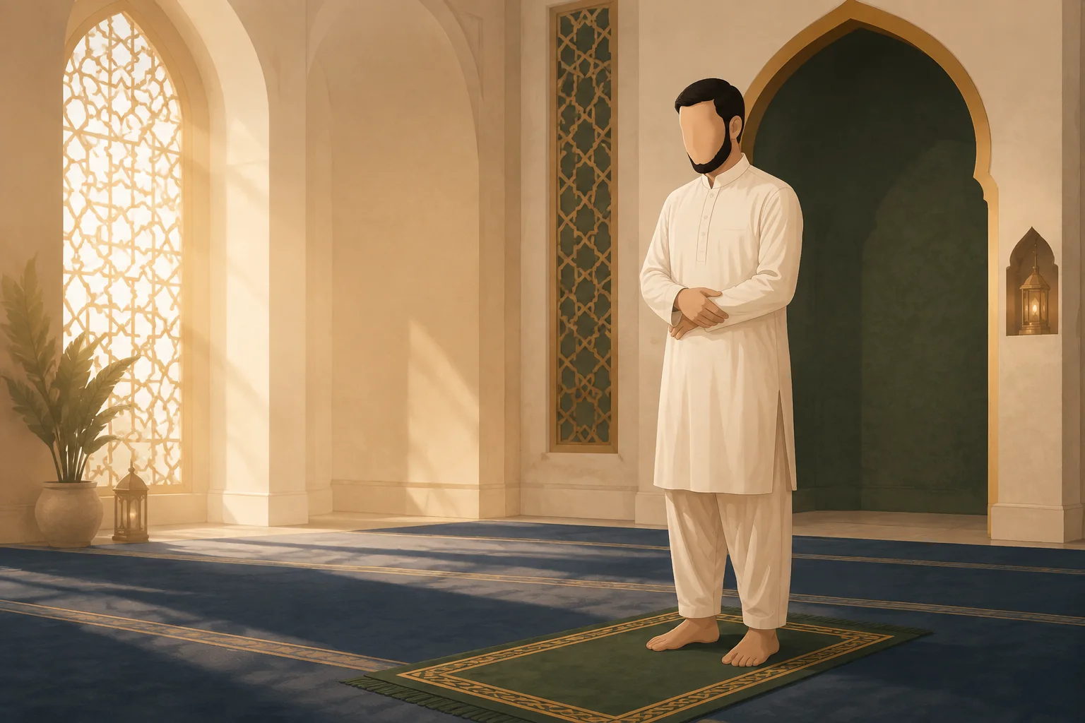 Faceless illustration of a Muslim standing in qiyam for salah