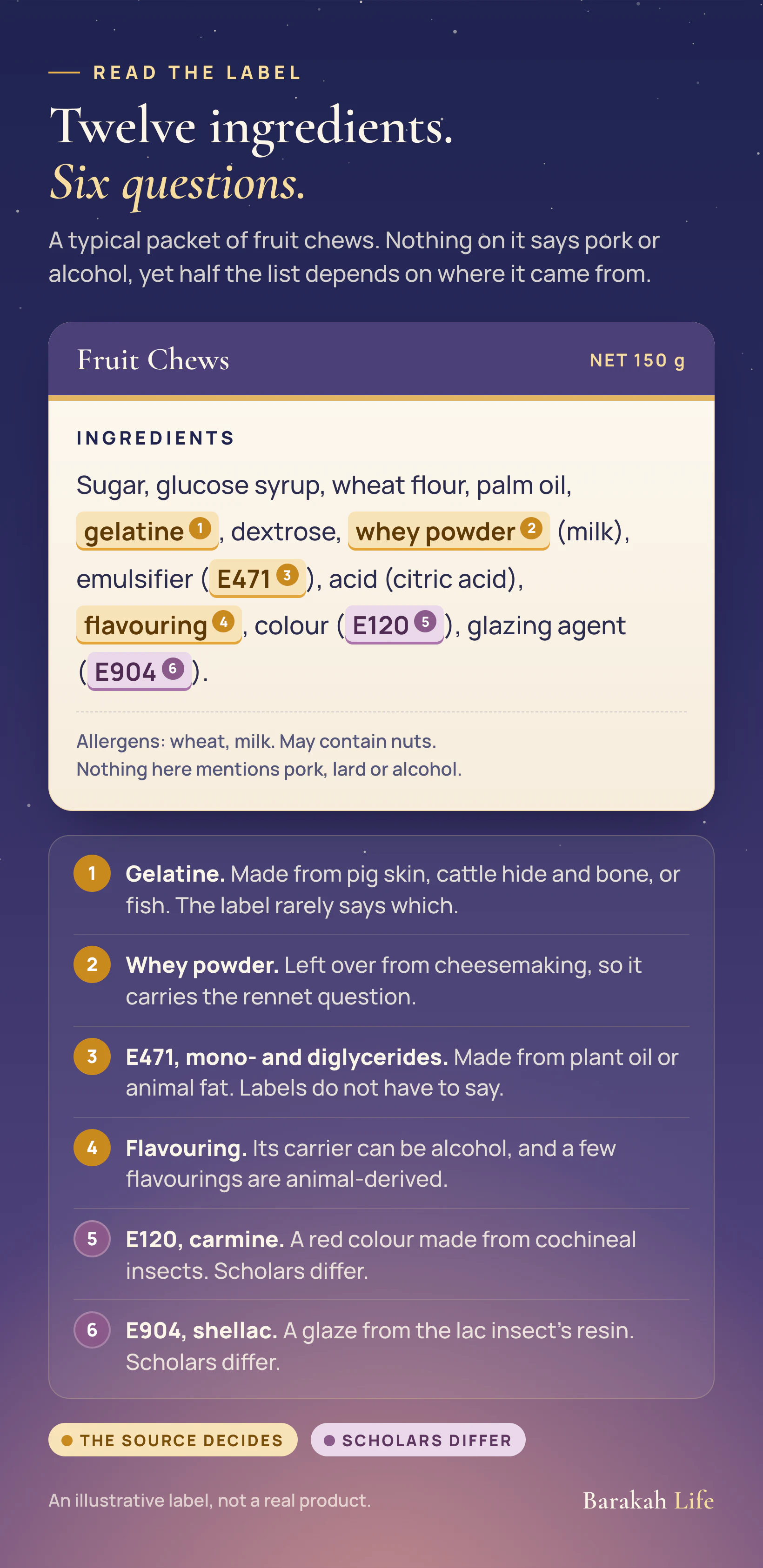 An illustrated ingredient label for fruit chews with six items highlighted: gelatine, whey powder, E471, flavouring, E120 carmine and E904 shellac, each with a note on why it needs a second look.