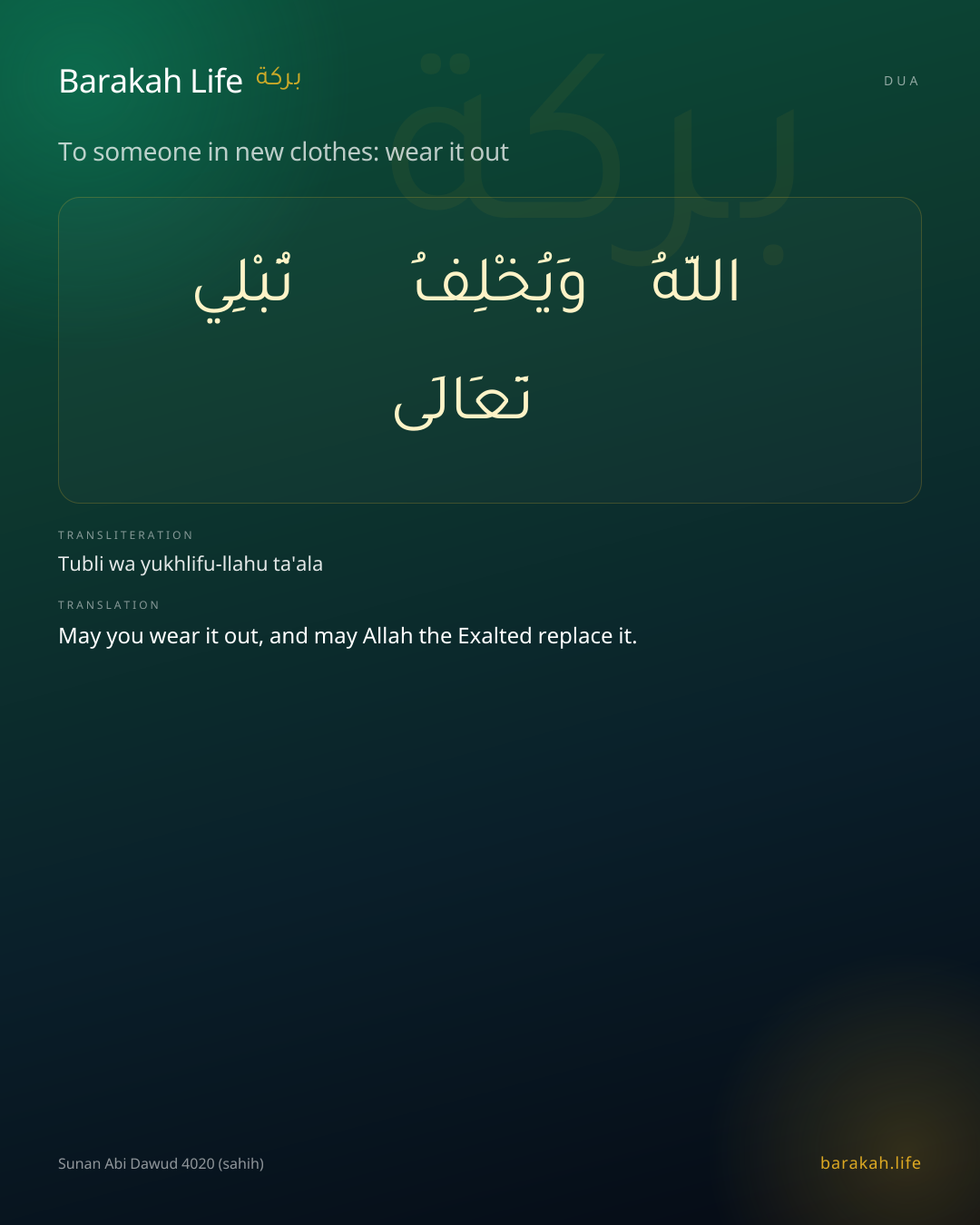 To someone in new clothes: wear it out: Arabic, transliteration, and translation