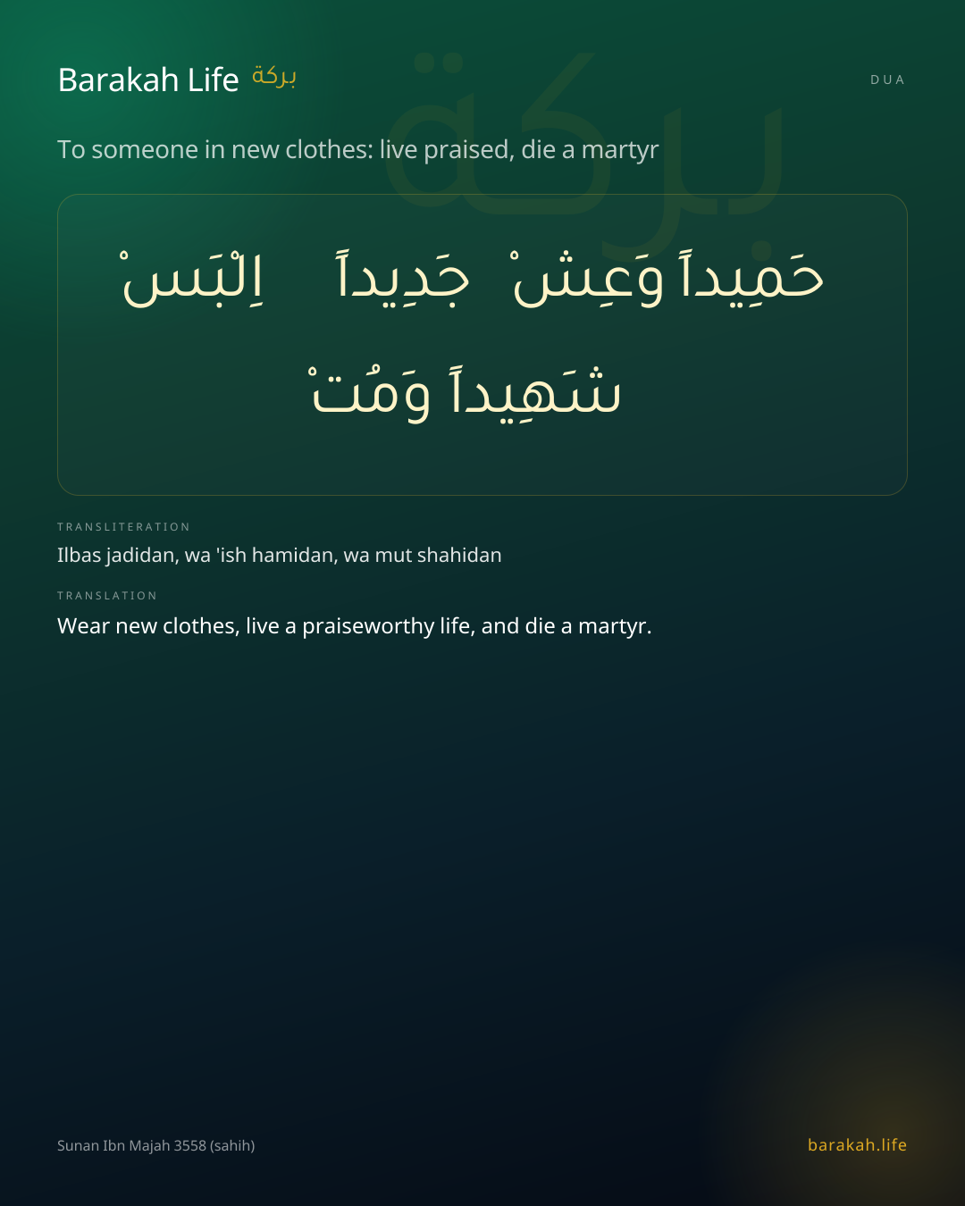 To someone in new clothes: live praised, die a martyr: Arabic, transliteration, and translation