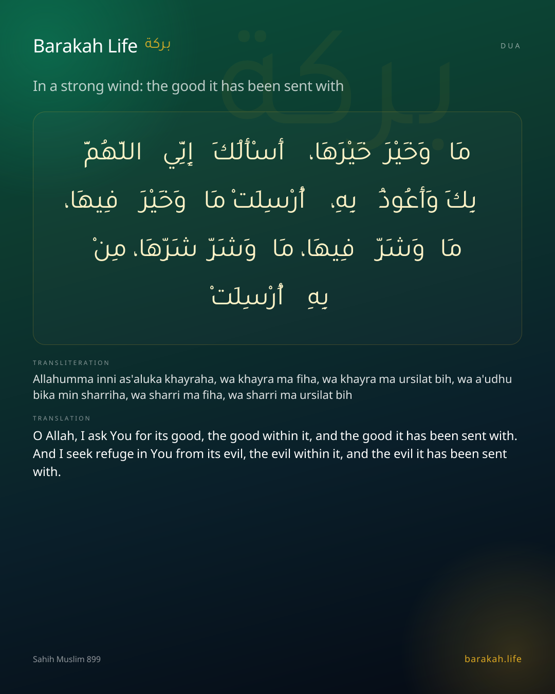 In a strong wind: the good it has been sent with: Arabic, transliteration, and translation