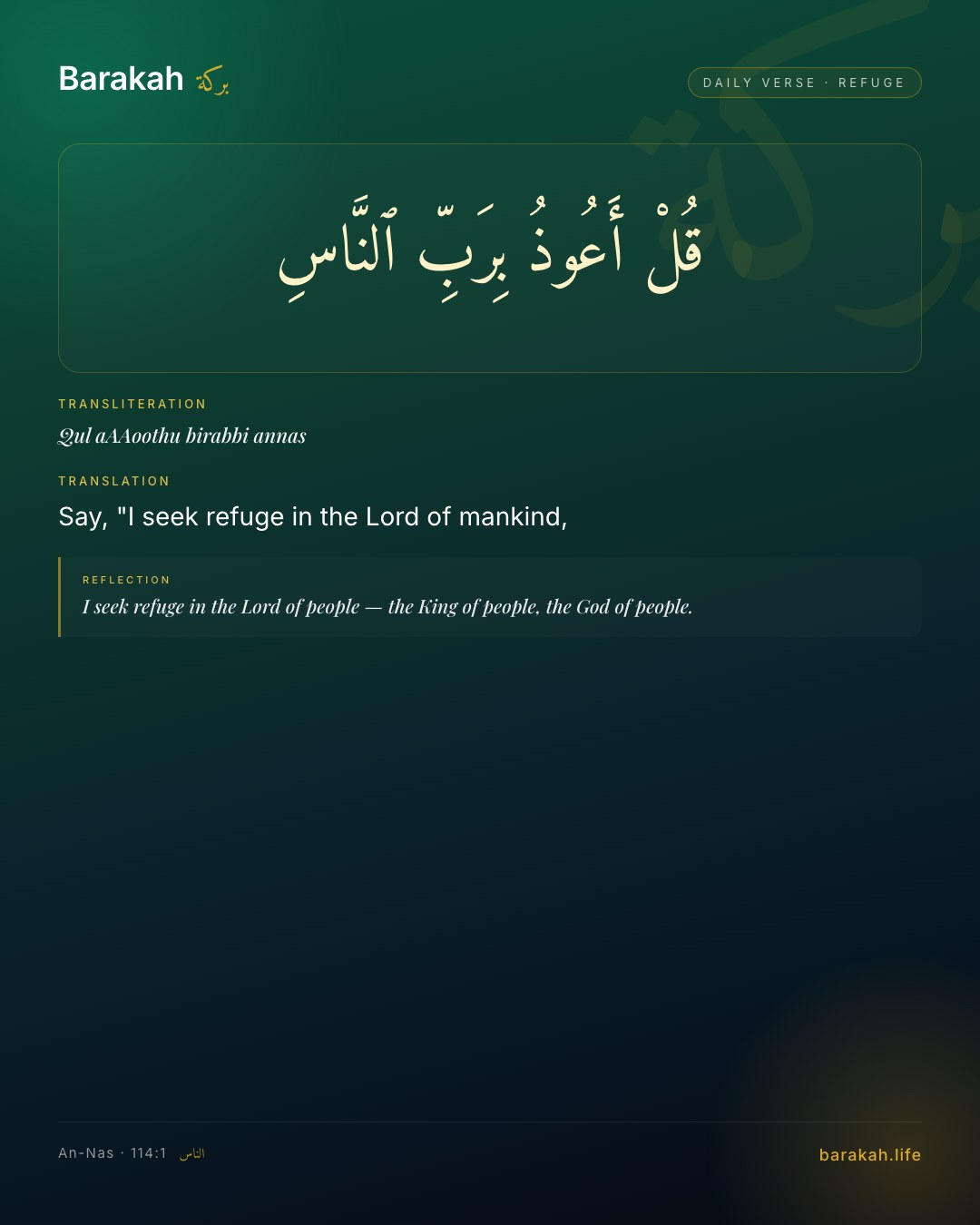 An-Nas 114:1 — Say, "I seek refuge in the Lord of mankind,