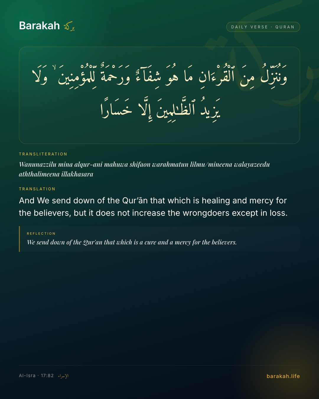 Al-Isra 17:82 — And We send down of the Qur’ān that which is healing and mercy for the believers, but it does not increase the wrongdoer…