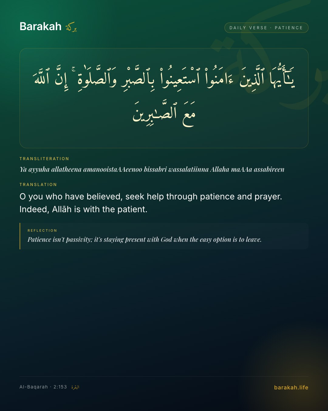 Al-Baqarah 2:153 — O you who have believed, seek help through patience and prayer. Indeed, Allāh is with the patient.