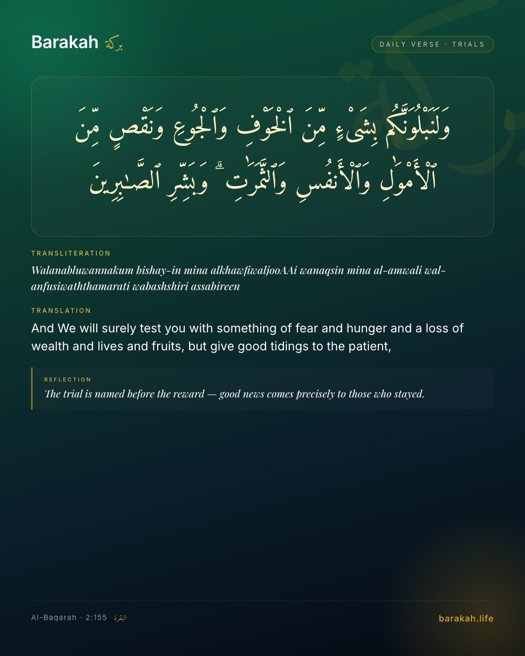 Al-Baqarah 2:155 — And We will surely test you with something of fear and hunger and a loss of wealth and lives and fruits, but give good t…
