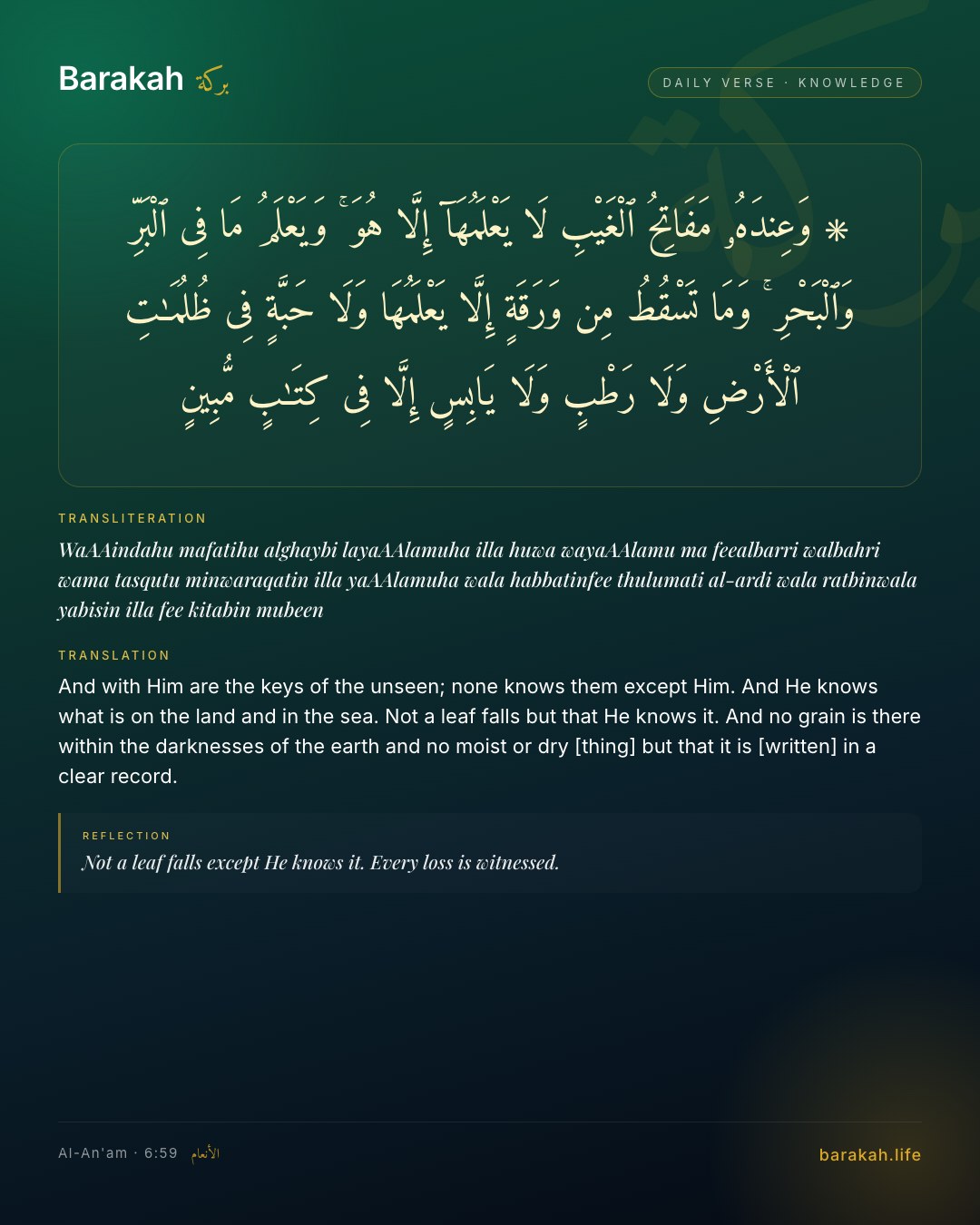 Al-An'am 6:59 — And with Him are the keys of the unseen; none knows them except Him. And He knows what is on the land and in the sea. No…