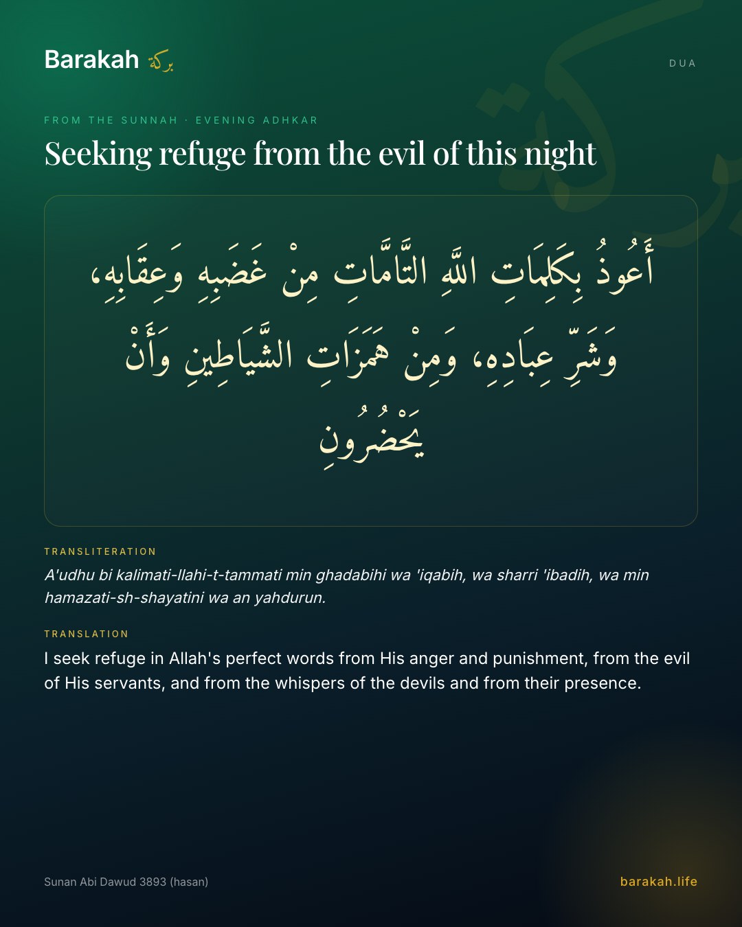 Seeking refuge from the evil of this night — Arabic, transliteration and translation