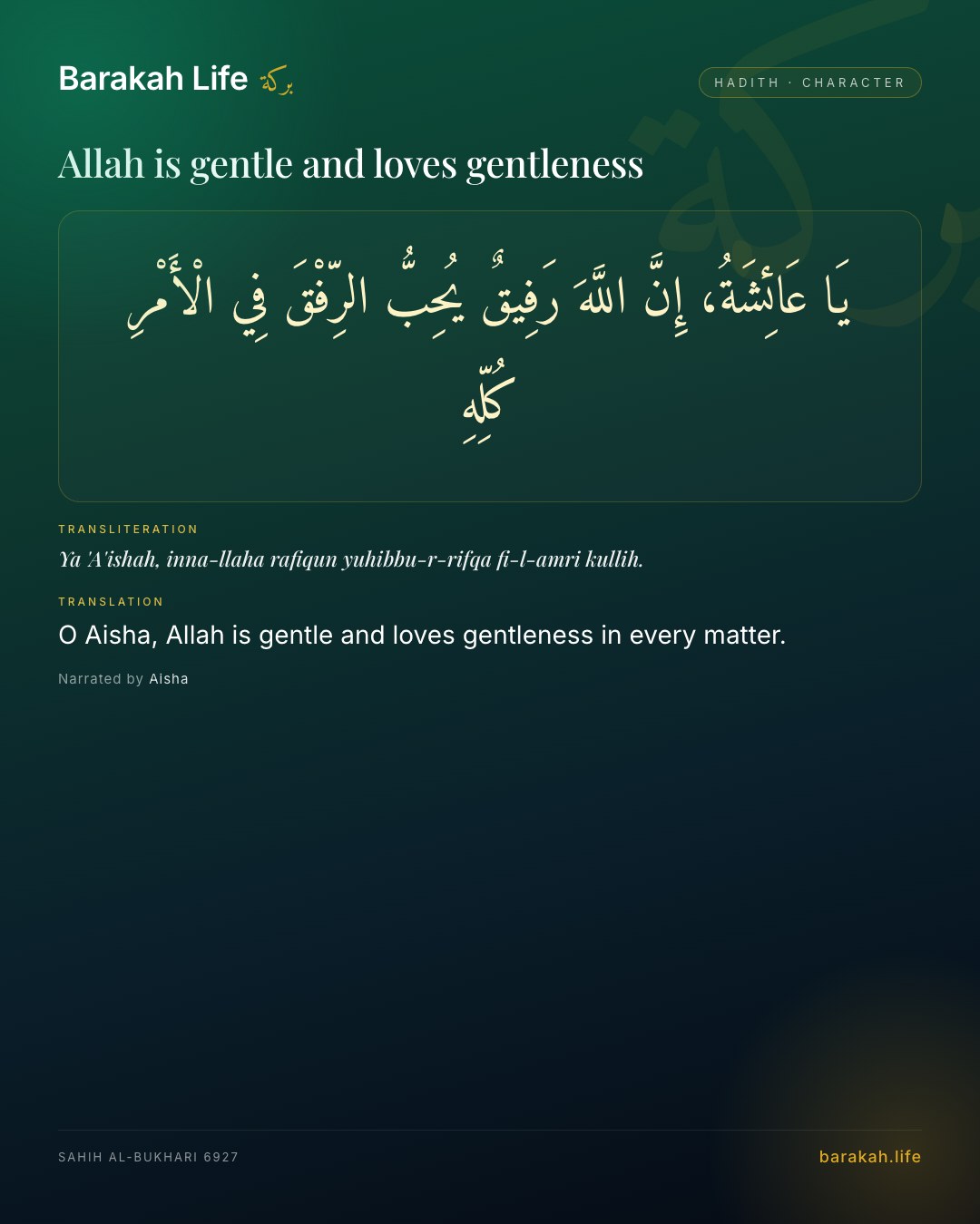 Allah is gentle and loves gentleness: O Aisha, Allah is gentle and loves gentleness in every matter.