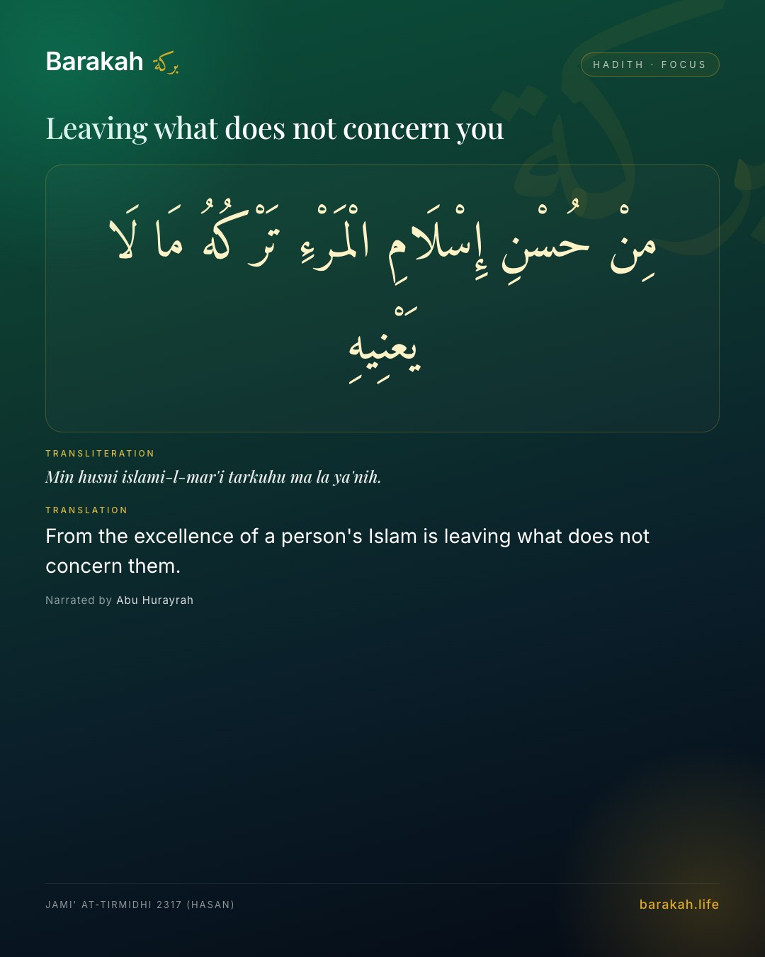 Leaving what does not concern you — From the excellence of a person's Islam is leaving what does not concern them.