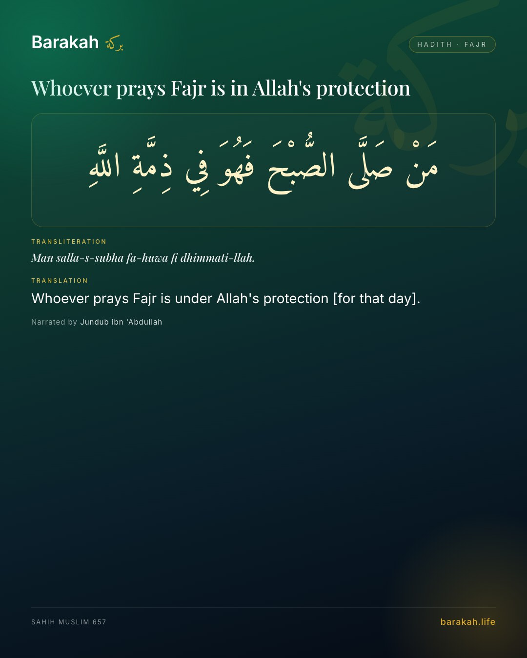 Whoever prays Fajr is in Allah's protection — Whoever prays Fajr is under Allah's protection [for that day].