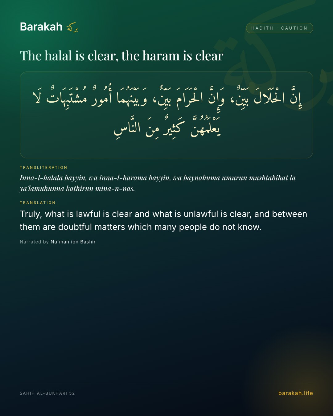The halal is clear, the haram is clear — Truly, what is lawful is clear and what is unlawful is clear, and between them are doubtful matters which many people do…