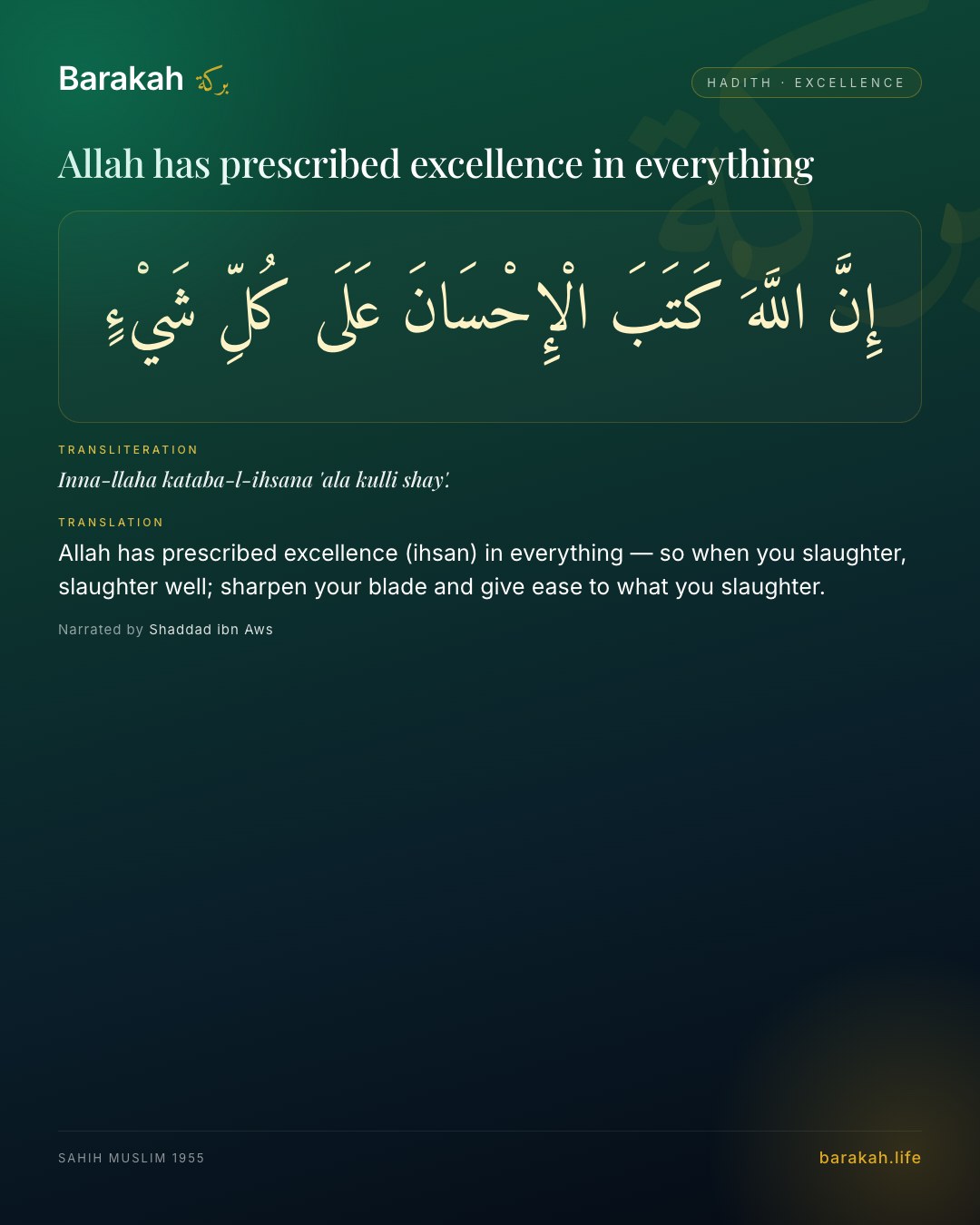 Allah has prescribed excellence in everything — Allah has prescribed excellence (ihsan) in everything — so when you slaughter, slaughter well; sharpen your blade and gi…