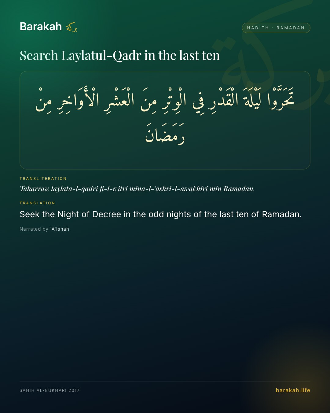 Search Laylatul-Qadr in the last ten — Seek the Night of Decree in the odd nights of the last ten of Ramadan.