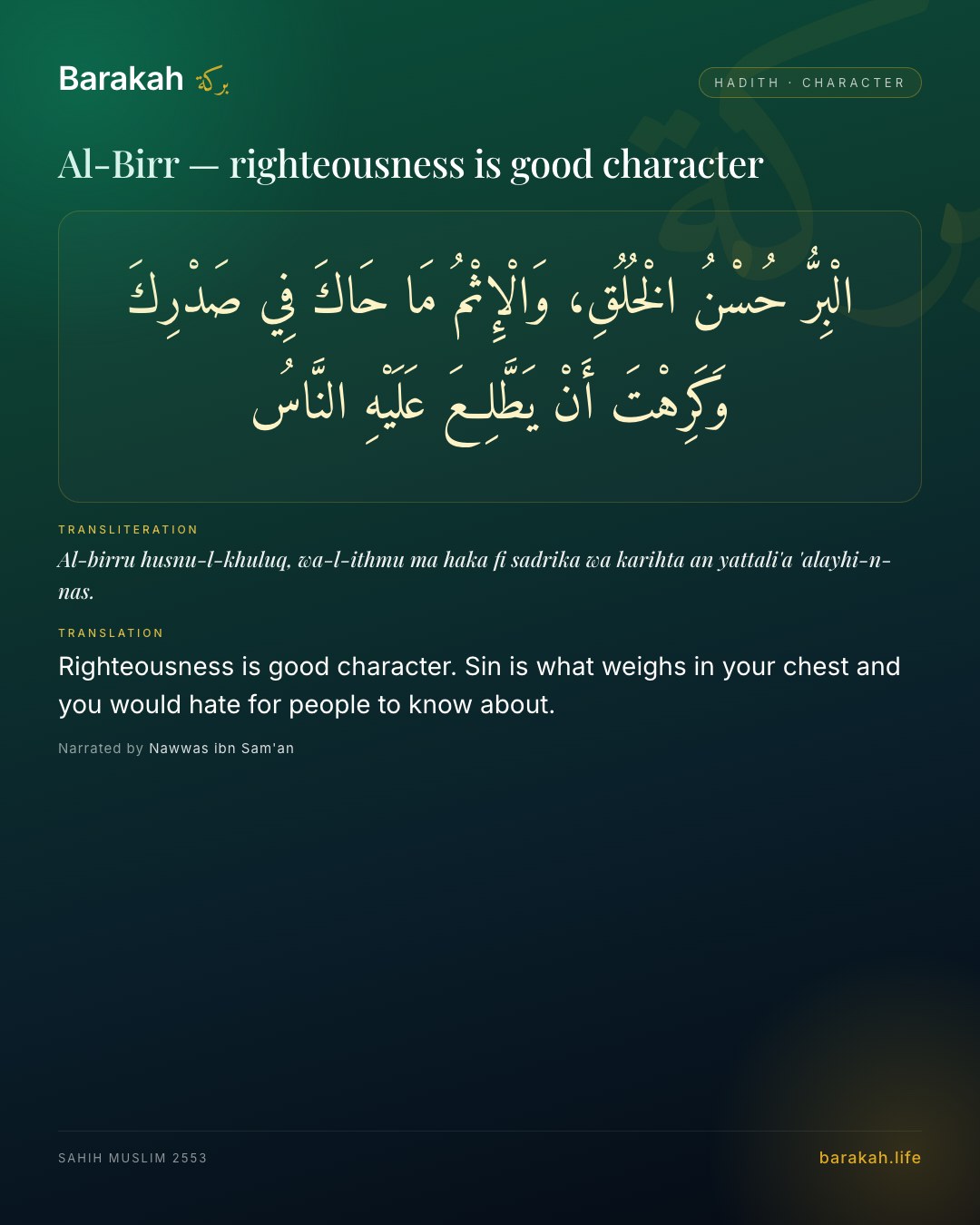 Al-Birr — righteousness is good character — Righteousness is good character. Sin is what weighs in your chest and you would hate for people to know about.