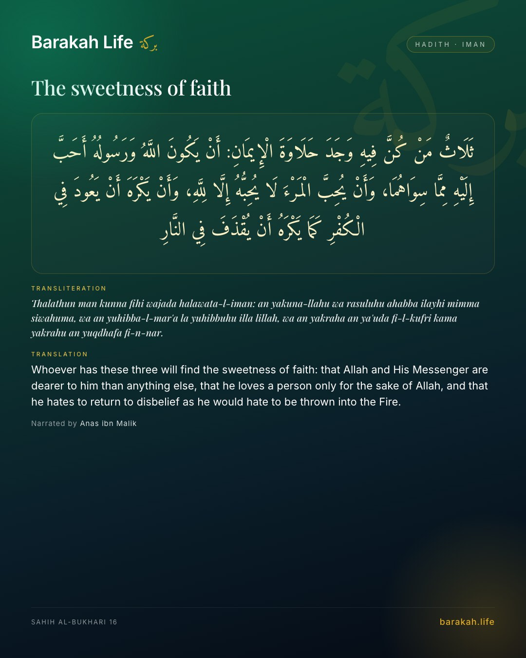 The sweetness of faith: Whoever has these three will find the sweetness of faith: that Allah and His Messenger are dearer to him than anything e…