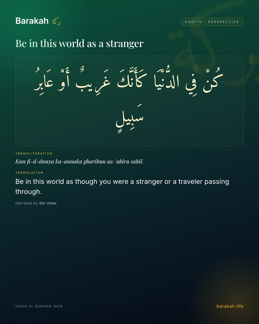 Be in this world as a stranger — Be in this world as though you were a stranger or a traveler passing through.